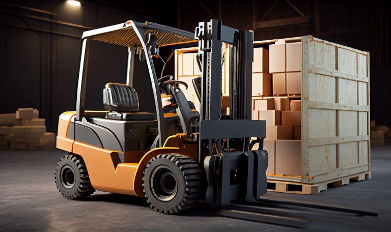 Forklift moving a palletised load in a warehouse